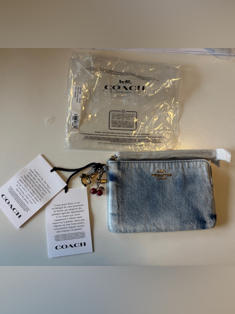 Coach Loved Denim Wash Wristlet Bag with Coach Cherry 🍒 Charm C Gold Charm! NEW - Picture 6 of 6